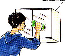washing the mirror on the medicine cabinet