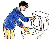 scrubbing the toilet with a toilet brush