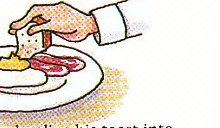 dipping toast into the yolk of his egg