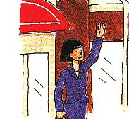 Pam hailing a taxi