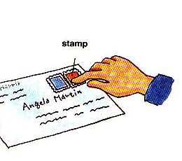 sticking stamps on envelope