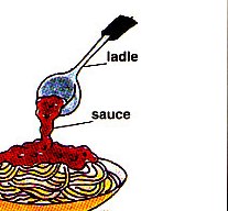 ladling sauce over the spaghetti